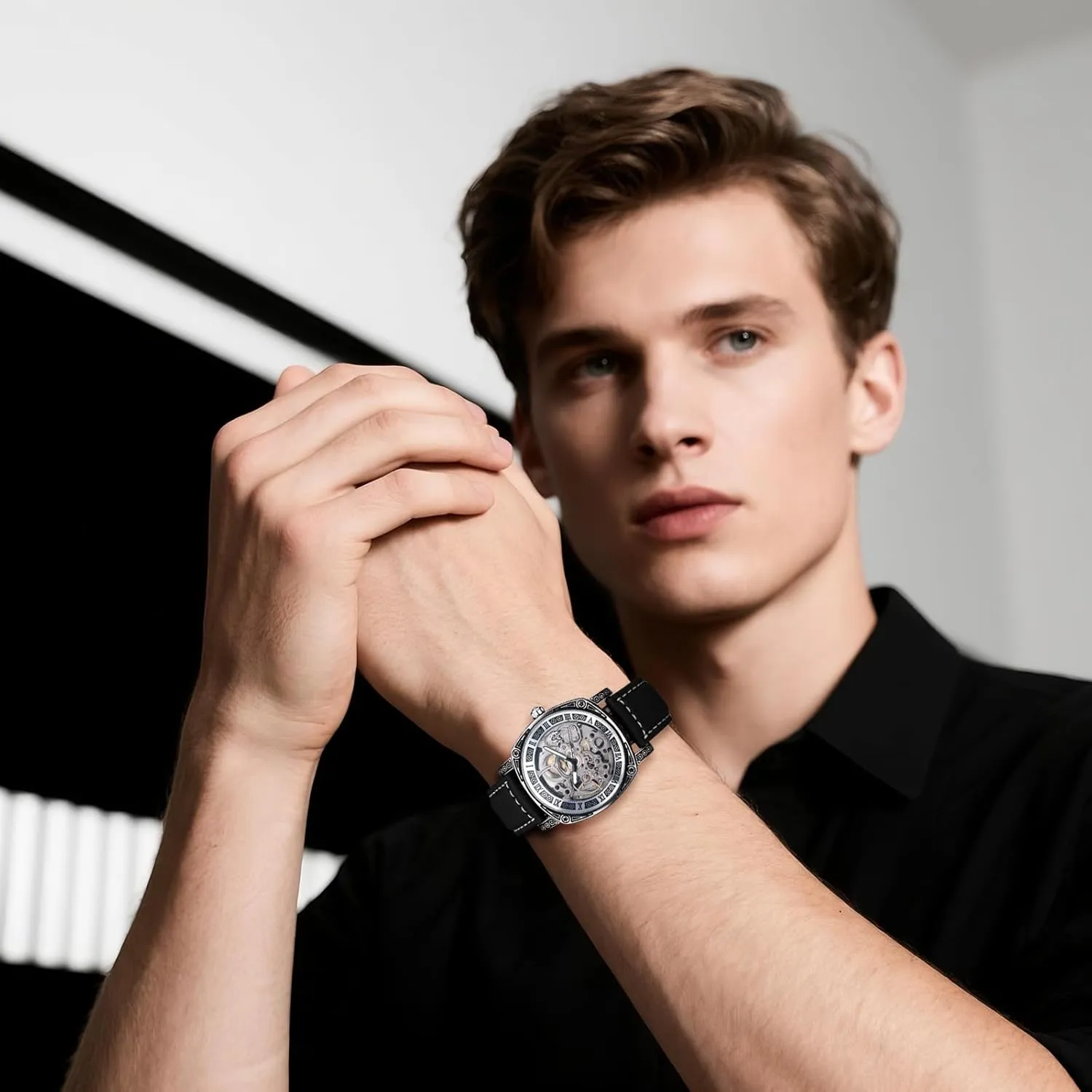 OIDEA Mens Mechanical Leather Strap Watches: Fashion Retro Big Dial Roman Numeral Automatic Mechanical Wrist Watches Business Work Dress Watch