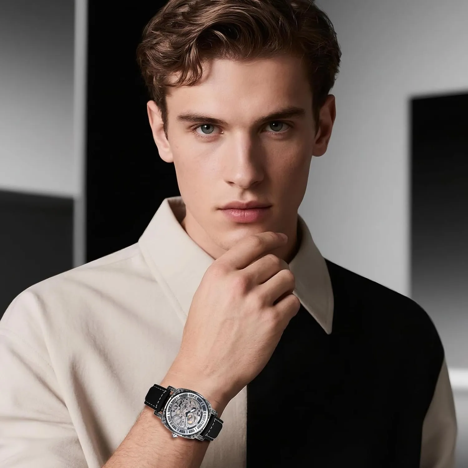 OIDEA Mens Mechanical Leather Strap Watches: Fashion Retro Big Dial Roman Numeral Automatic Mechanical Wrist Watches Business Work Dress Watch