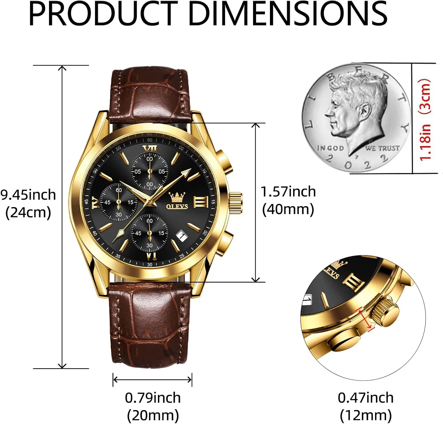 OLEVS Leather Chronograph Watch Men - Leather Strap (Brown/Black), Work Luminous Waterproof Analog Quartz Dress Wrist Watch with Blue/Black/Brown/White Dial