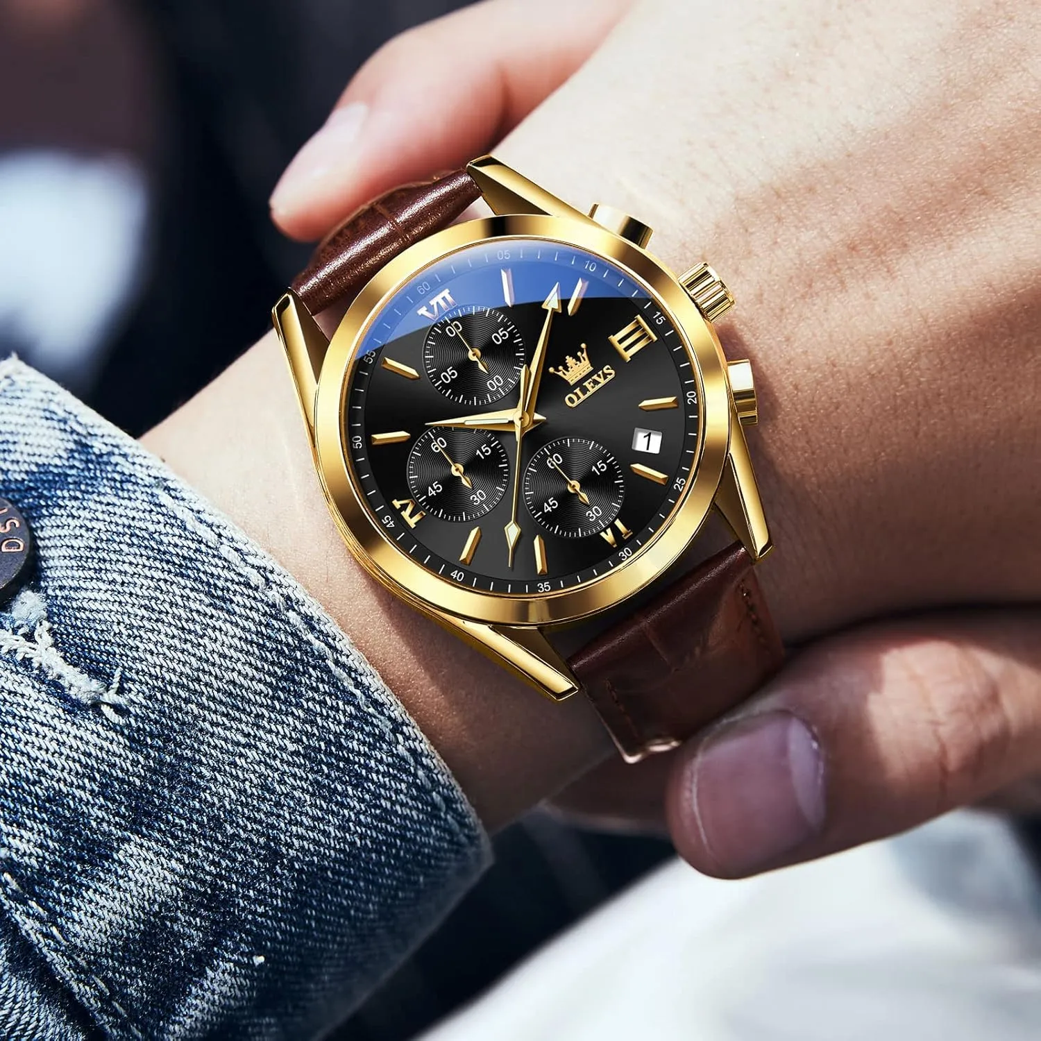 OLEVS Leather Chronograph Watch Men - Leather Strap (Brown/Black), Work Luminous Waterproof Analog Quartz Dress Wrist Watch with Blue/Black/Brown/White Dial