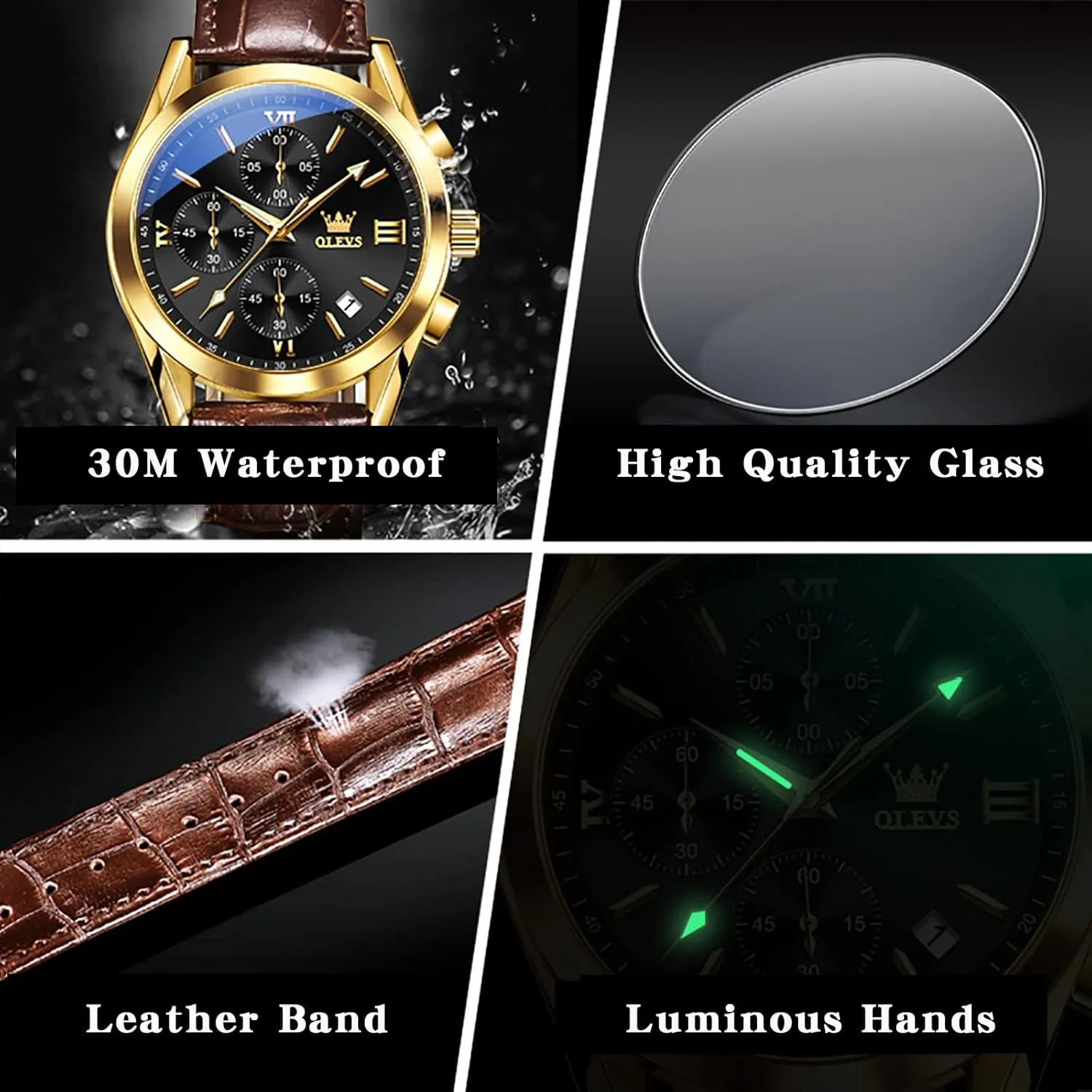 OLEVS Leather Chronograph Watch Men - Leather Strap (Brown/Black), Work Luminous Waterproof Analog Quartz Dress Wrist Watch with Blue/Black/Brown/White Dial