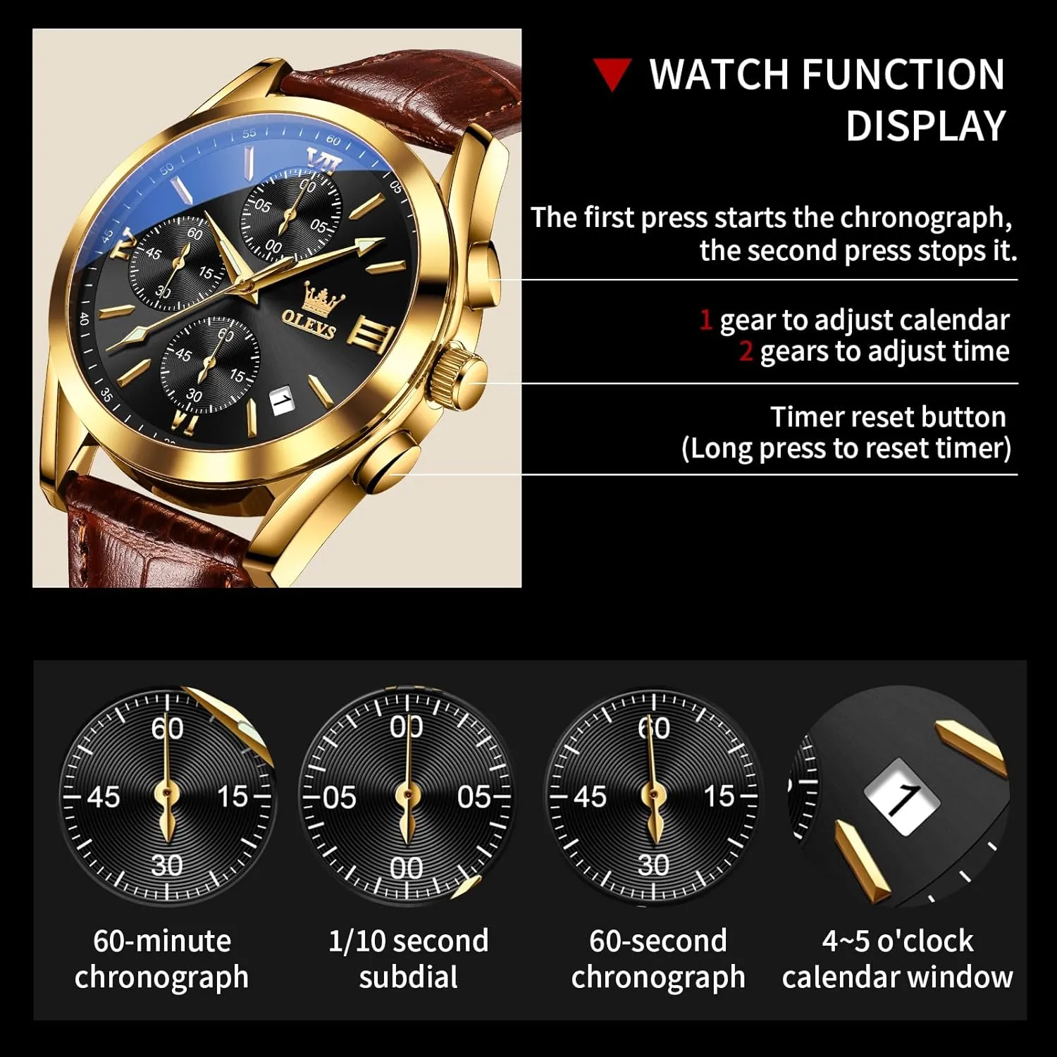 OLEVS Leather Chronograph Watch Men - Leather Strap (Brown/Black), Work Luminous Waterproof Analog Quartz Dress Wrist Watch with Blue/Black/Brown/White Dial