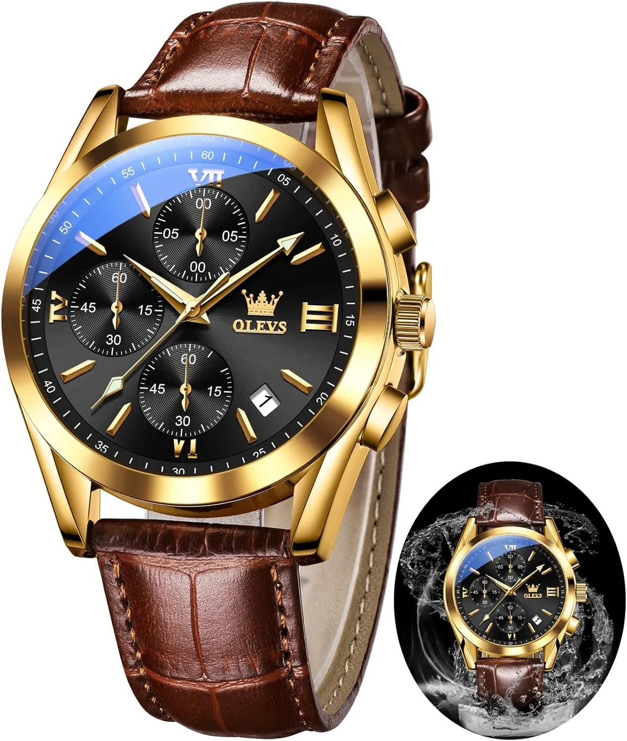 OLEVS Leather Chronograph Watch Men - Leather Strap (Brown/Black), Work Luminous Waterproof Analog Quartz Dress Wrist Watch with Blue/Black/Brown/White Dial