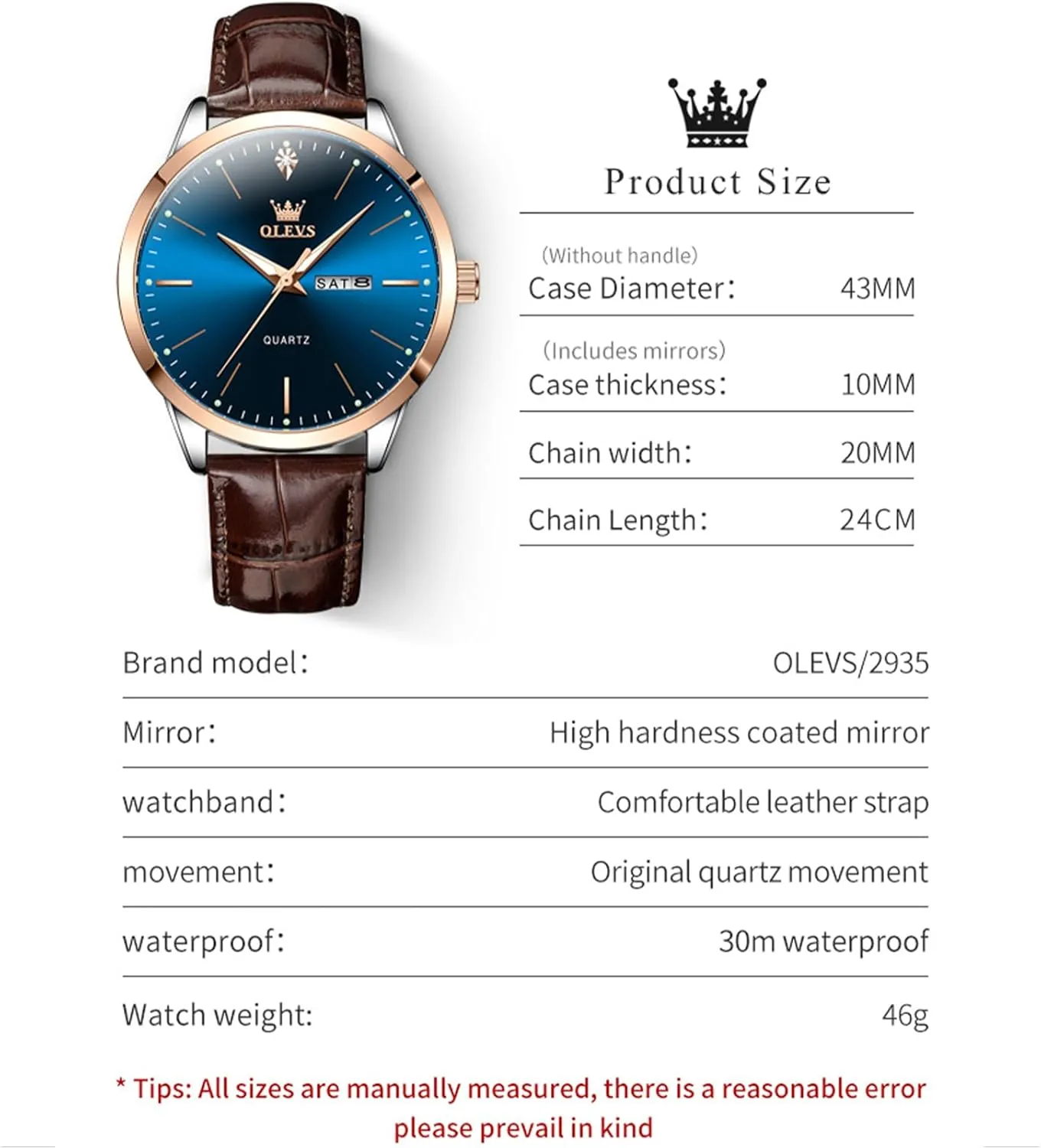 OLEVS Mens Watches, Casual Leather Watches for Men Easy to Read Quartz Number Watch with Date Waterproof Blue/Black/Silver Face Men's Wrist Watches