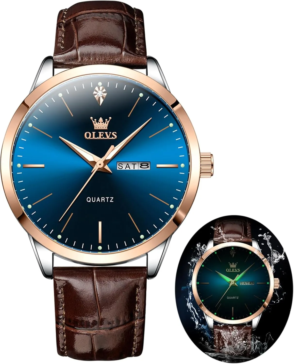 OLEVS Mens Watches, Casual Leather Watches for Men Easy to Read Quartz Number Watch with Date Waterproof Blue/Black/Silver Face Men's Wrist Watches