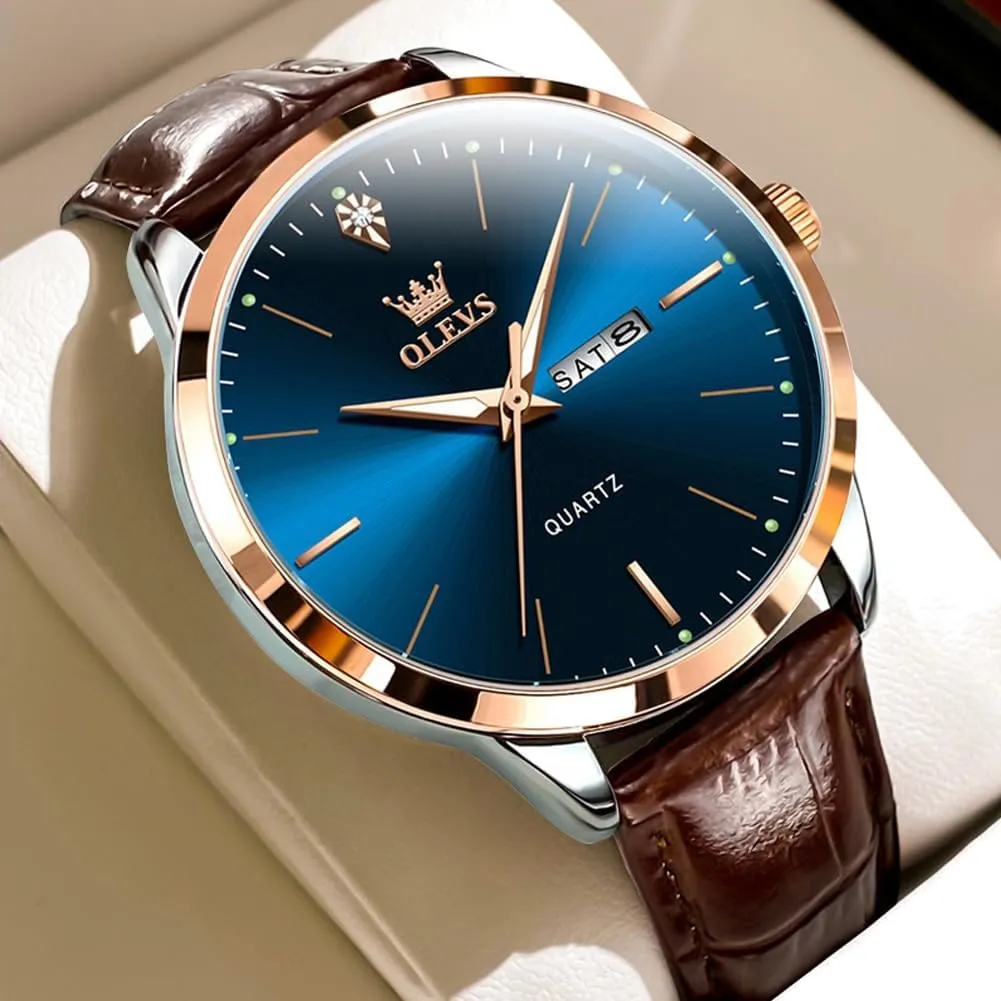 OLEVS Mens Watches, Casual Leather Watches for Men Easy to Read Quartz Number Watch with Date Waterproof Blue/Black/Silver Face Men's Wrist Watches