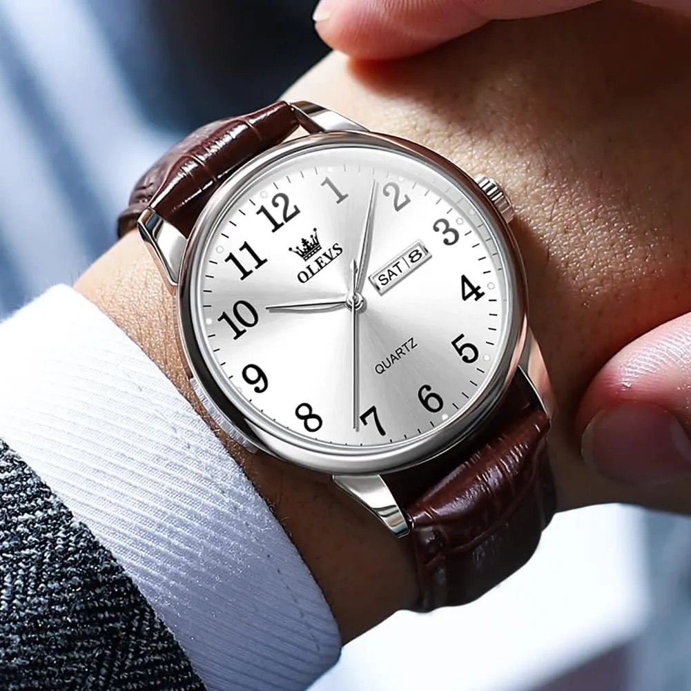 OLEVS Mens Watches, Casual Leather Watches for Men Easy to Read Quartz Number Watch with Date Waterproof Blue/Black/Silver Face Men's Wrist Watches