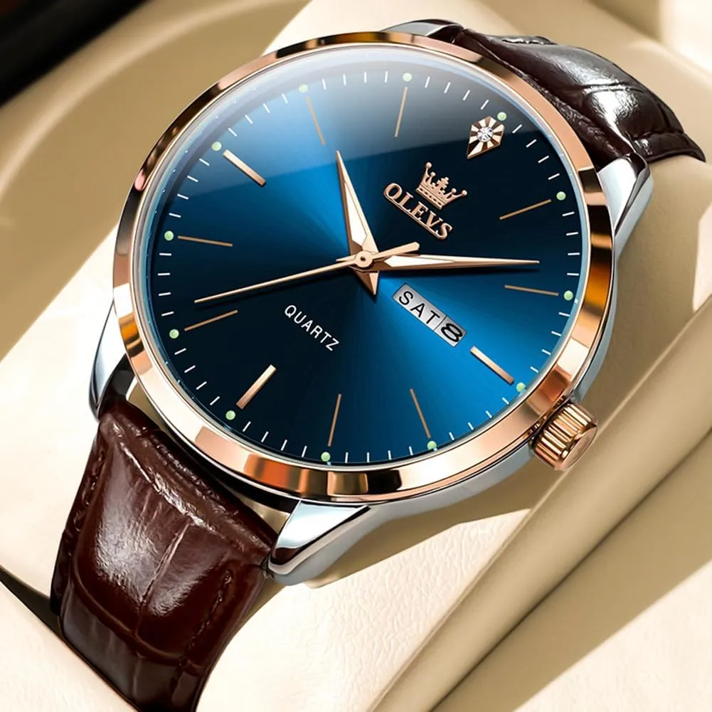OLEVS Mens Watches, Casual Leather Watches for Men Easy to Read Quartz Number Watch with Date Waterproof Blue/Black/Silver Face Men's Wrist Watches