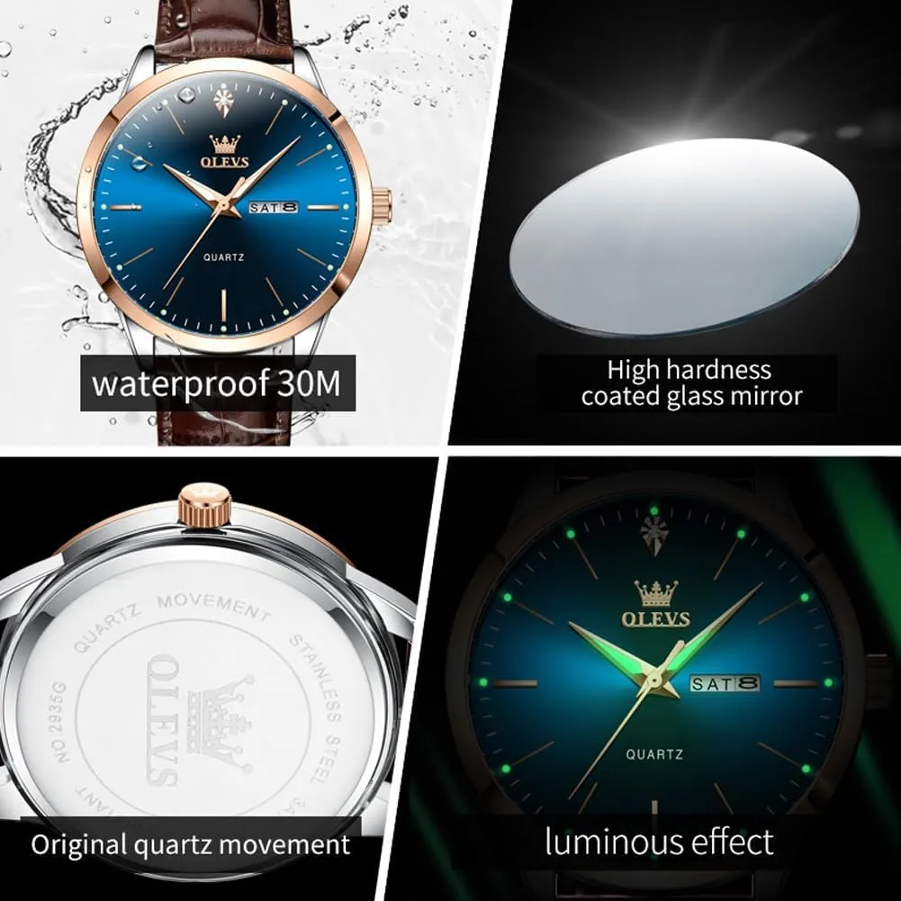 OLEVS Mens Watches, Casual Leather Watches for Men Easy to Read Quartz Number Watch with Date Waterproof Blue/Black/Silver Face Men's Wrist Watches