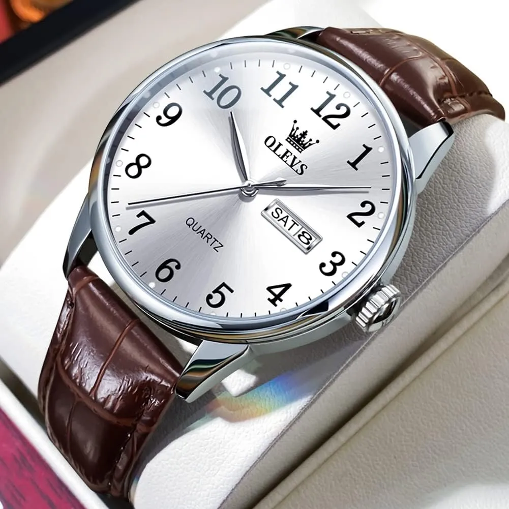OLEVS Mens Watches, Casual Leather Watches for Men Easy to Read Quartz Number Watch with Date Waterproof Blue/Black/Silver Face Men's Wrist Watches
