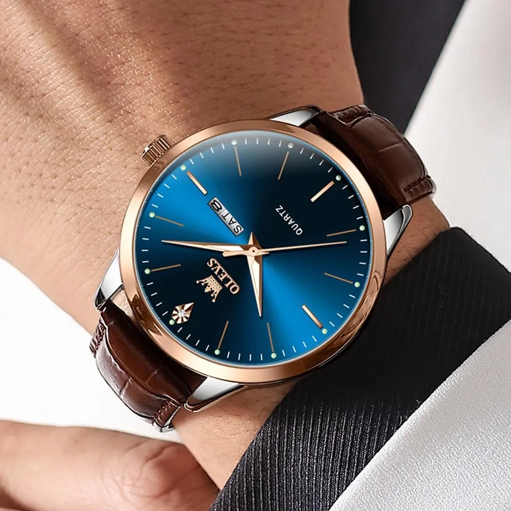 OLEVS Mens Watches, Casual Leather Watches for Men Easy to Read Quartz Number Watch with Date Waterproof Blue/Black/Silver Face Men's Wrist Watches