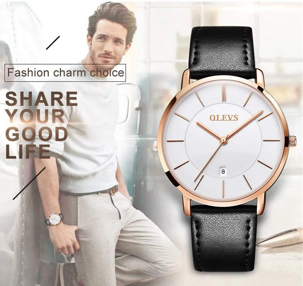 OLEVS Mens Watches Minimalist Ultra Thin Fashion Casual Analog Quartz Date Watch Waterproof Slim Simple Big Face Dress Wrist Watch with Retro Leather Band for Men