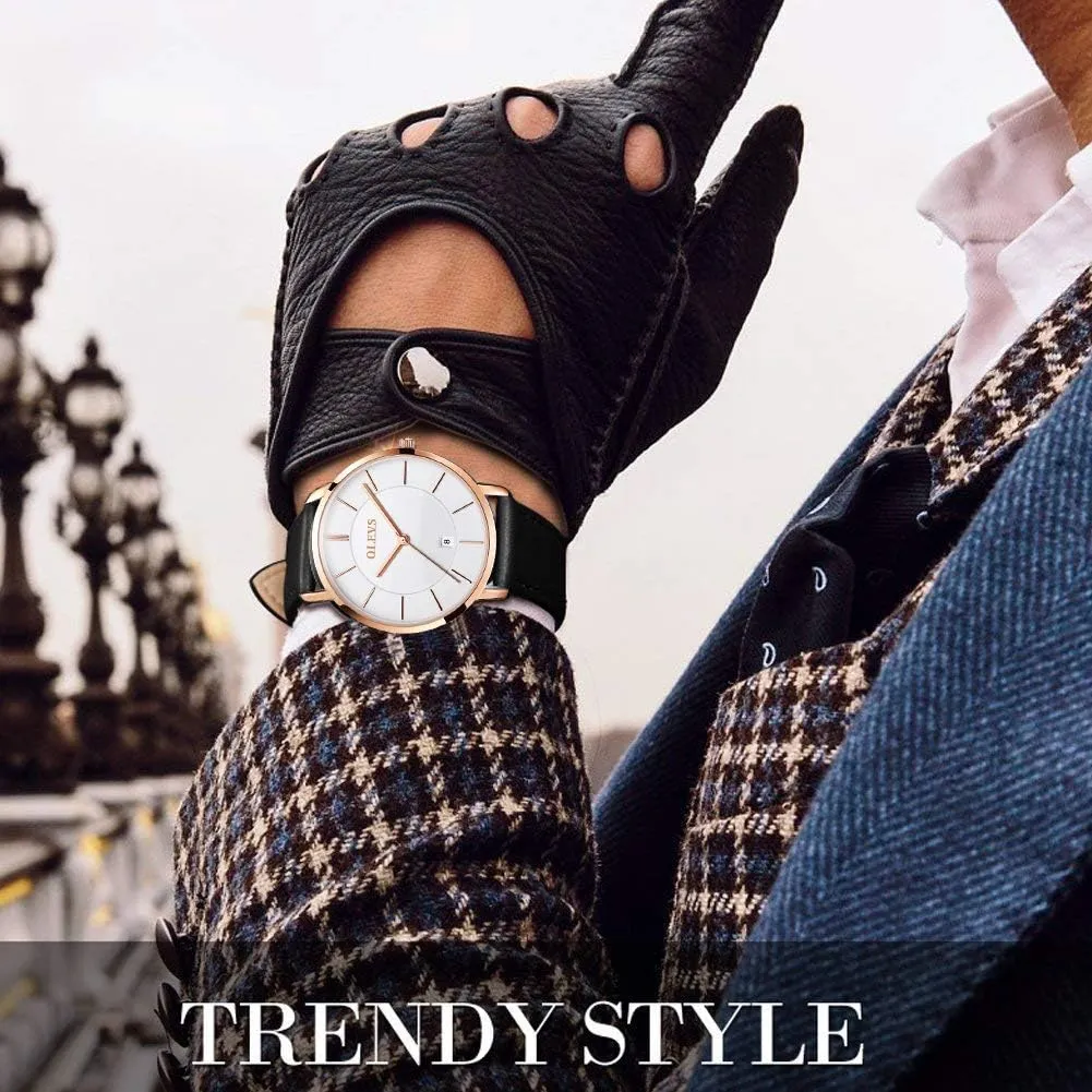 OLEVS Mens Watches Minimalist Ultra Thin Fashion Casual Analog Quartz Date Watch Waterproof Slim Simple Big Face Dress Wrist Watch with Retro Leather Band for Men