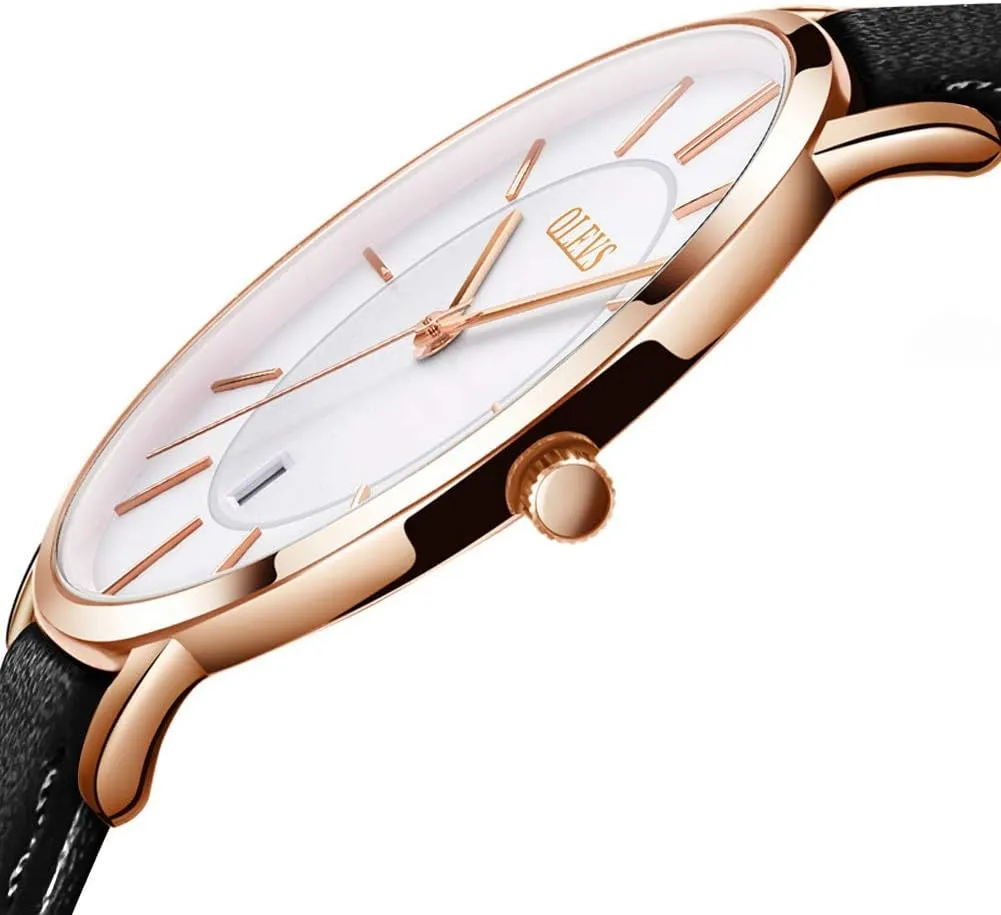 OLEVS Mens Watches Minimalist Ultra Thin Fashion Casual Analog Quartz Date Watch Waterproof Slim Simple Big Face Dress Wrist Watch with Retro Leather Band for Men