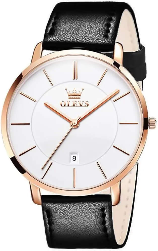OLEVS Mens Watches Minimalist Ultra Thin Fashion Casual Analog Quartz Date Watch Waterproof Slim Simple Big Face Dress Wrist Watch with Retro Leather Band for Men