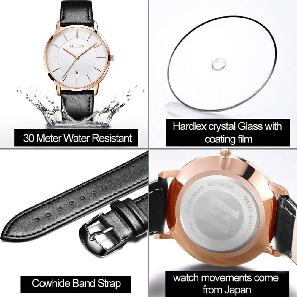 OLEVS Mens Watches Minimalist Ultra Thin Fashion Casual Analog Quartz Date Watch Waterproof Slim Simple Big Face Dress Wrist Watch with Retro Leather Band for Men