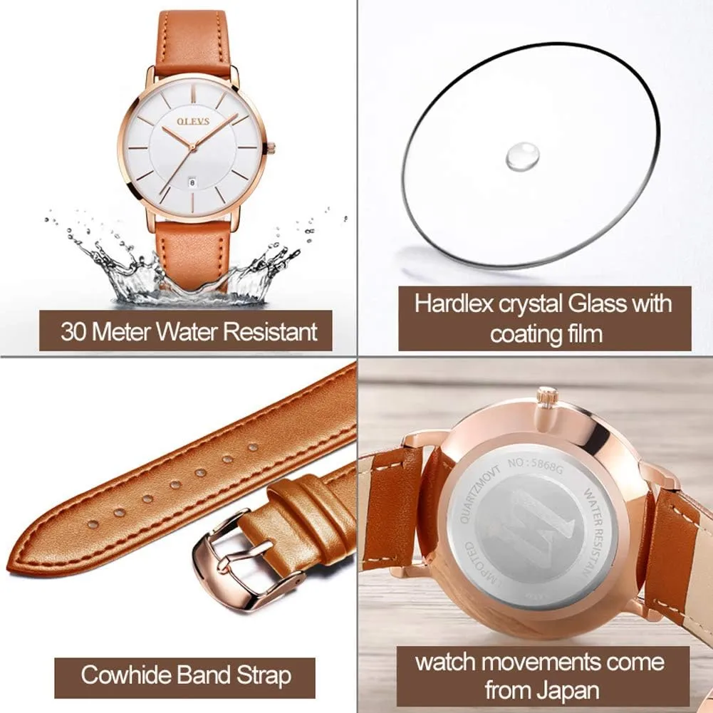 OLEVS Mens Watches Minimalist Ultra Thin Fashion Casual Analog Quartz Date Watch Waterproof Slim Simple Big Face Dress Wrist Watch with Retro Leather Band for Men