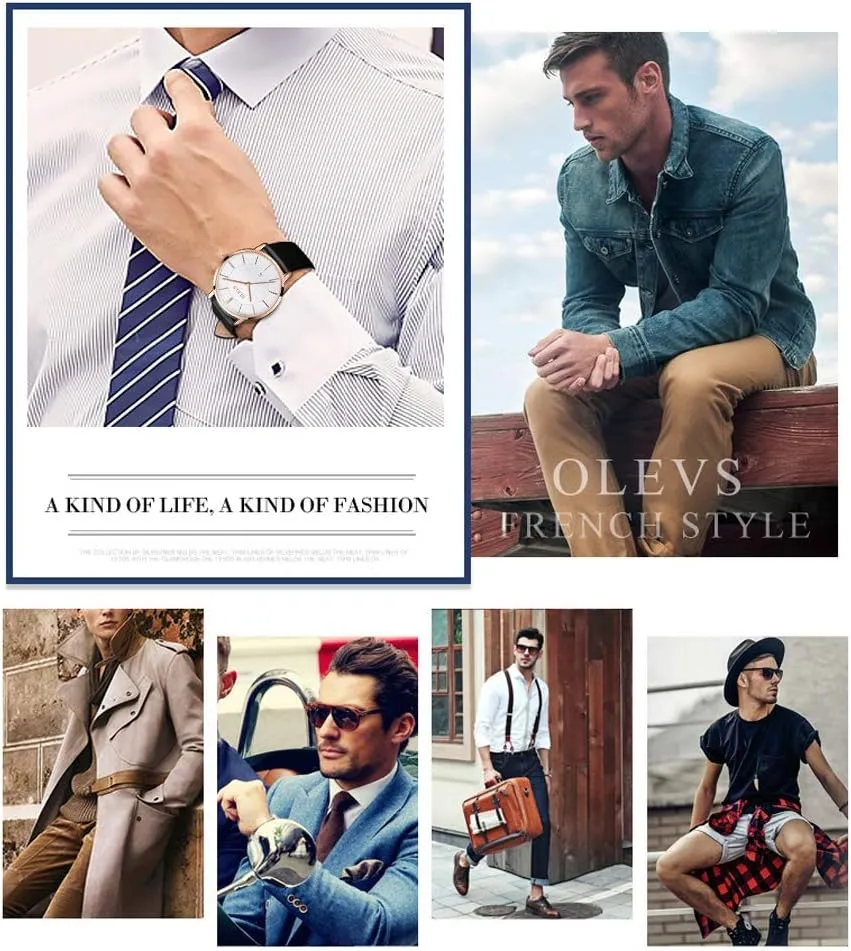 OLEVS Mens Watches Minimalist Ultra Thin Fashion Casual Analog Quartz Date Watch Waterproof Slim Simple Big Face Dress Wrist Watch with Retro Leather Band for Men