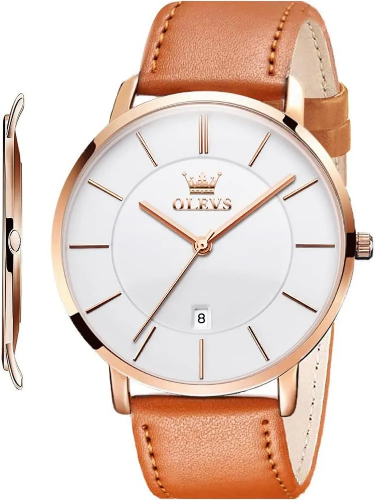 OLEVS Mens Watches Minimalist Ultra Thin Fashion Casual Analog Quartz Date Watch Waterproof Slim Simple Big Face Dress Wrist Watch with Retro Leather Band for Men