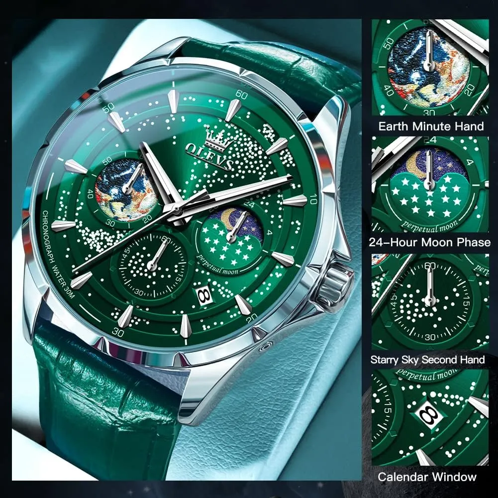 OLEVS Mens Watches Starry Sky Moon Phase Dial Luxury Business Dress Analog Quartz Classic Casual Date Wrist Watches Waterproof Luminous