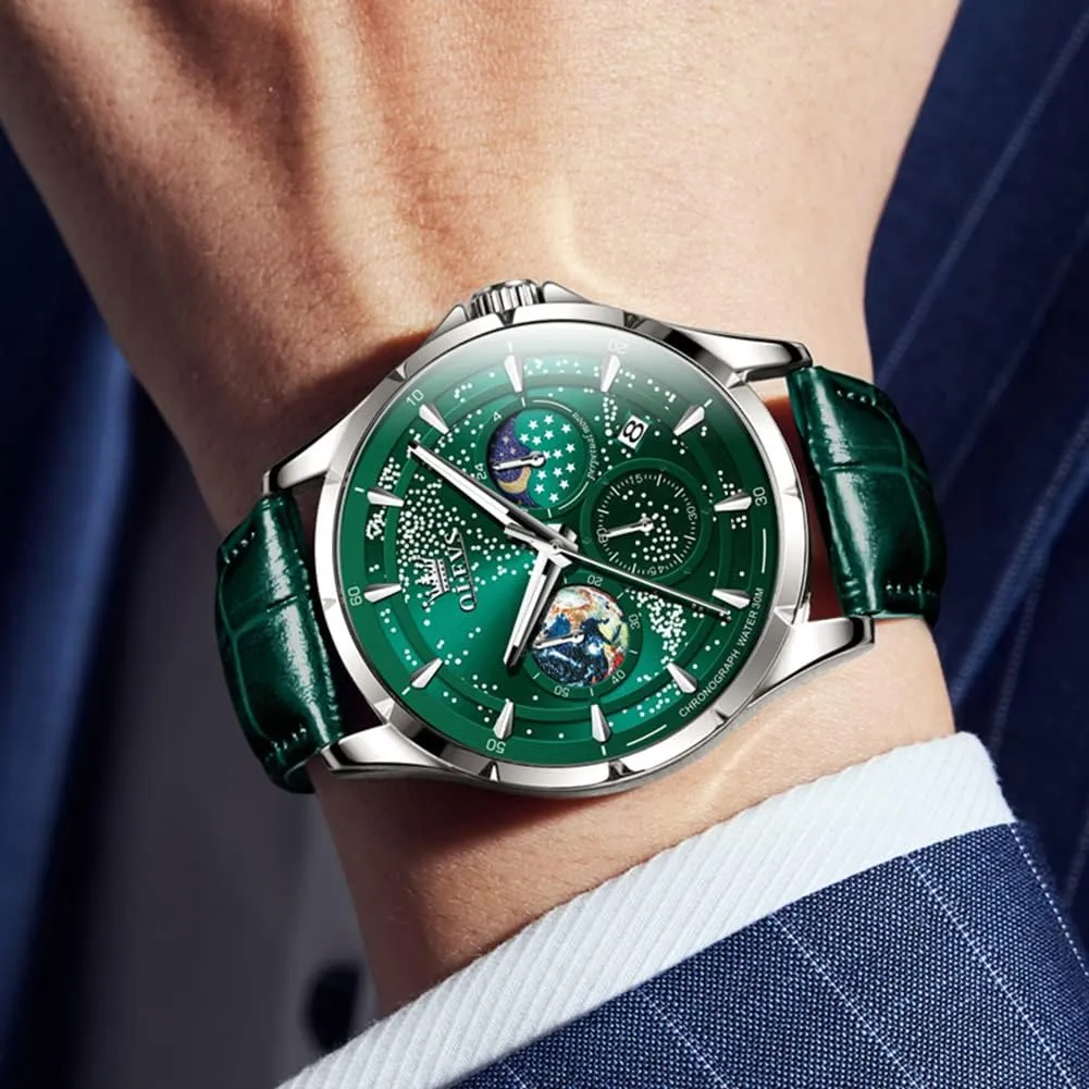 OLEVS Mens Watches Starry Sky Moon Phase Dial Luxury Business Dress Analog Quartz Classic Casual Date Wrist Watches Waterproof Luminous