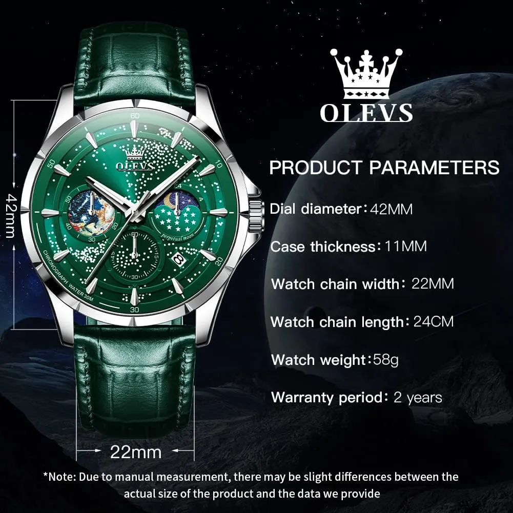 OLEVS Mens Watches Starry Sky Moon Phase Dial Luxury Business Dress Analog Quartz Classic Casual Date Wrist Watches Waterproof Luminous