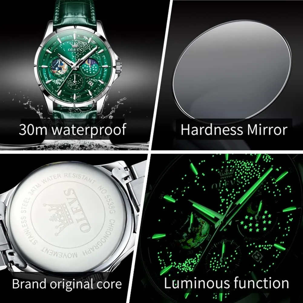 OLEVS Mens Watches Starry Sky Moon Phase Dial Luxury Business Dress Analog Quartz Classic Casual Date Wrist Watches Waterproof Luminous