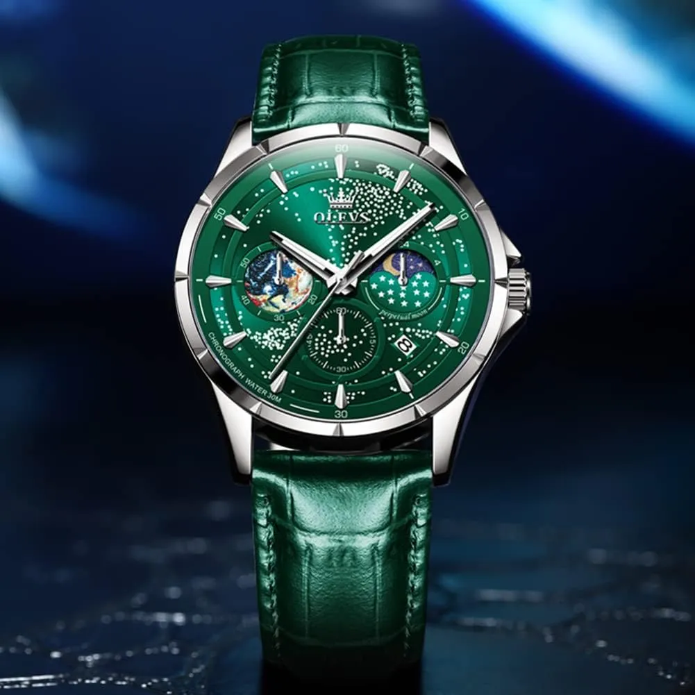 OLEVS Mens Watches Starry Sky Moon Phase Dial Luxury Business Dress Analog Quartz Classic Casual Date Wrist Watches Waterproof Luminous