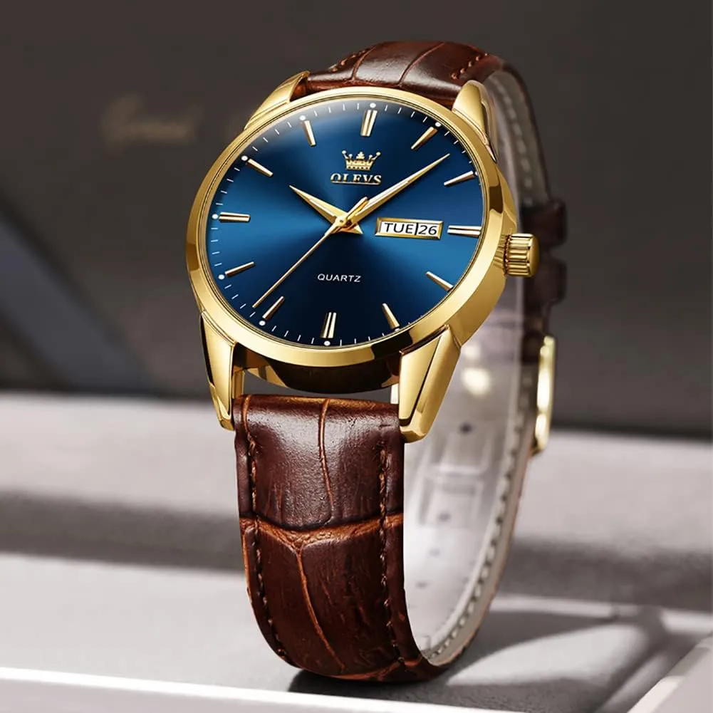 OLEVS Watches for Men Brown Leather Gold Case Analog Quartz Fashion Business Dress Watch Day Date Luminous Waterproof Casual Male Wrist Watches