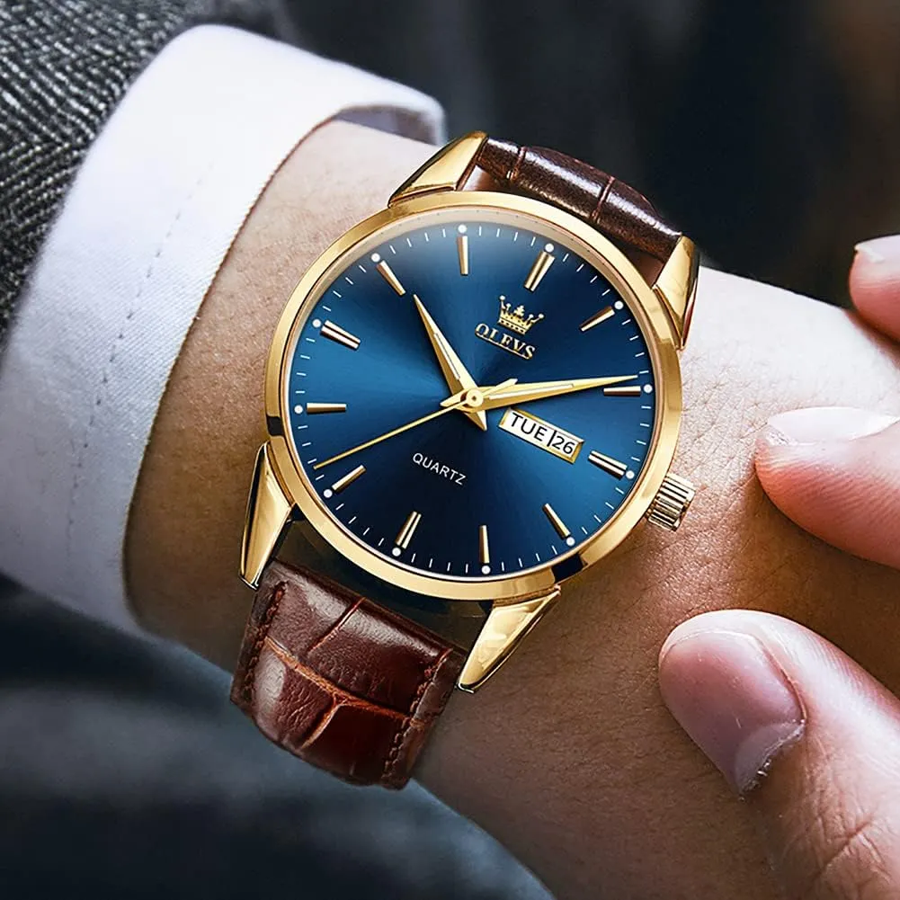 OLEVS Watches for Men Brown Leather Gold Case Analog Quartz Fashion Business Dress Watch Day Date Luminous Waterproof Casual Male Wrist Watches