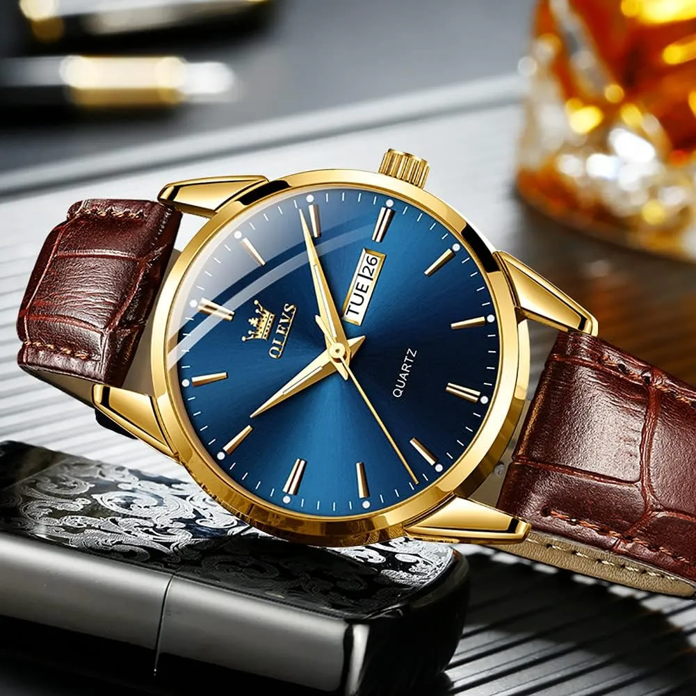 OLEVS Watches for Men Brown Leather Gold Case Analog Quartz Fashion Business Dress Watch Day Date Luminous Waterproof Casual Male Wrist Watches