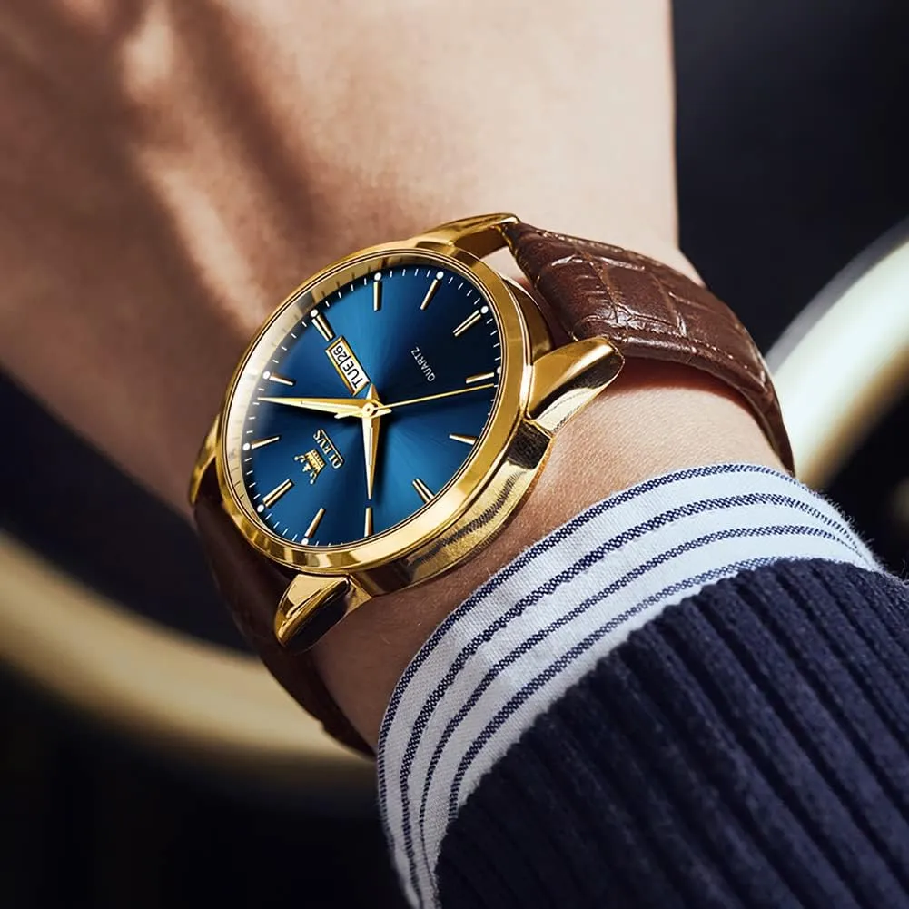 OLEVS Watches for Men Brown Leather Gold Case Analog Quartz Fashion Business Dress Watch Day Date Luminous Waterproof Casual Male Wrist Watches