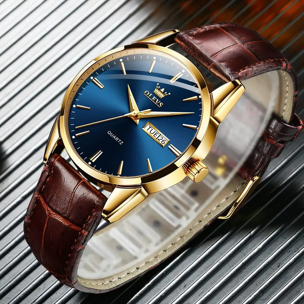 OLEVS Watches for Men Brown Leather Gold Case Analog Quartz Fashion Business Dress Watch Day Date Luminous Waterproof Casual Male Wrist Watches