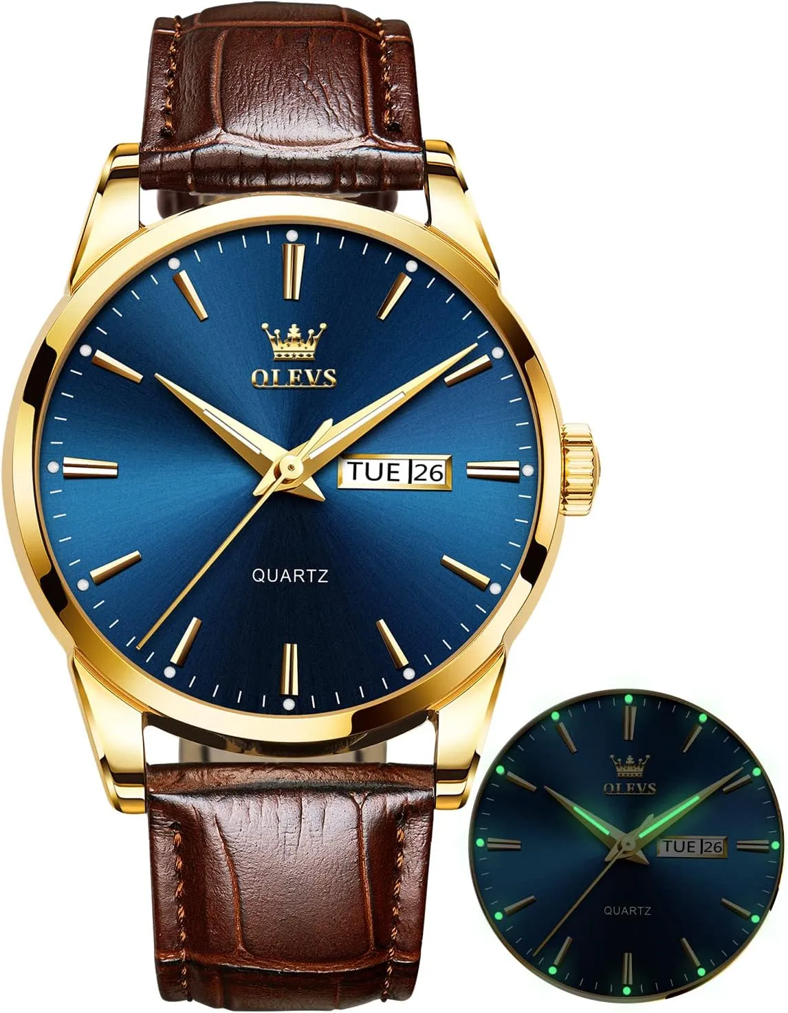 OLEVS Watches for Men Brown Leather Gold Case Analog Quartz Fashion Business Dress Watch Day Date Luminous Waterproof Casual Male Wrist Watches