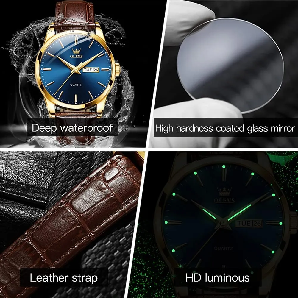 OLEVS Watches for Men Brown Leather Gold Case Analog Quartz Fashion Business Dress Watch Day Date Luminous Waterproof Casual Male Wrist Watches
