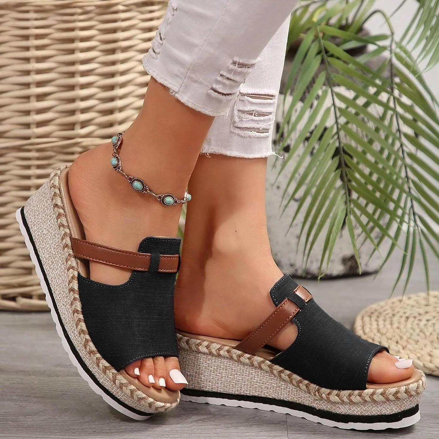 Orthopedic Sandals for Women, Platform Espadrilles Wedge Mid Heel Sandals Open Toe Summer Dressy Sandals Slip On Casual Summer Slide Shoes Women Dress Sexy Summer Comfort Party Shoes
