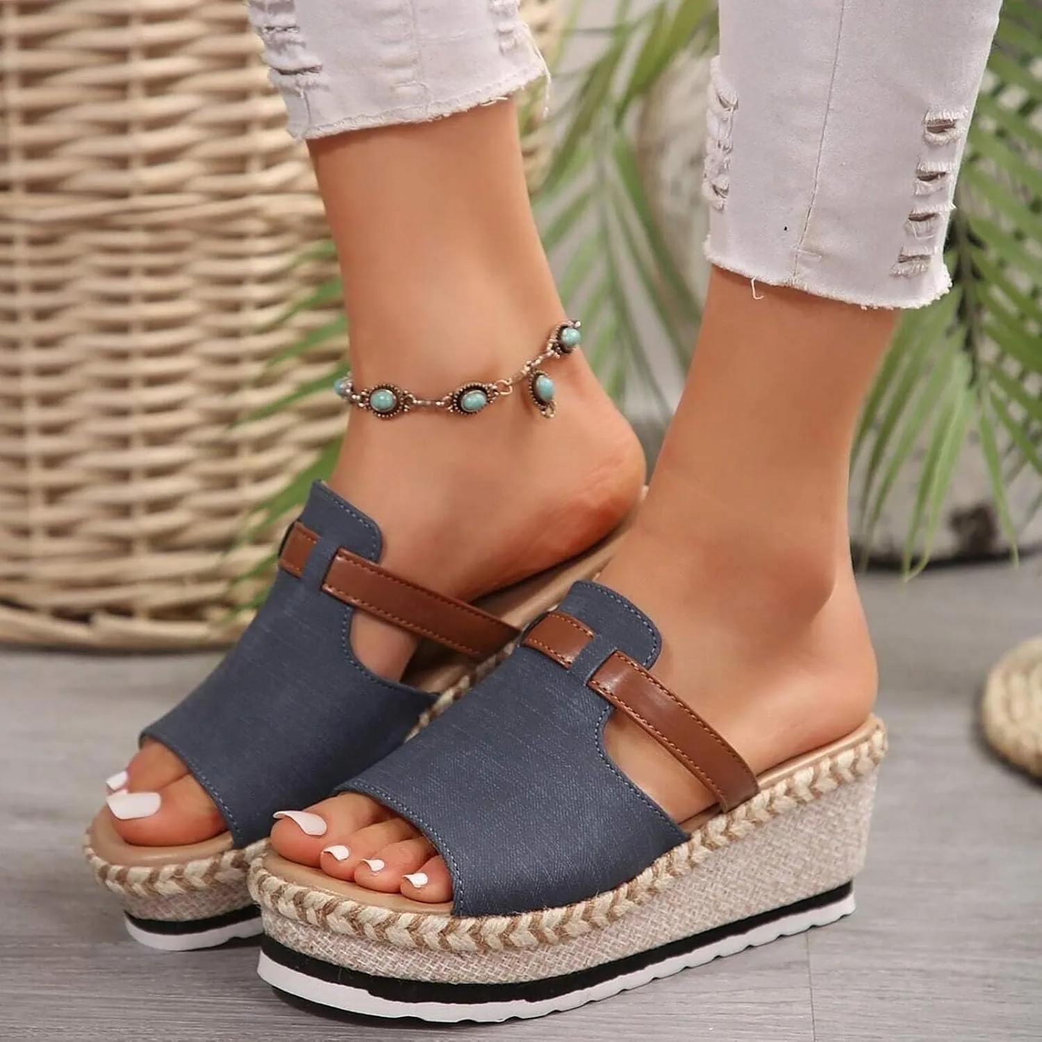 Orthopedic Sandals for Women, Platform Espadrilles Wedge Mid Heel Sandals Open Toe Summer Dressy Sandals Slip On Casual Summer Slide Shoes Women Dress Sexy Summer Comfort Party Shoes