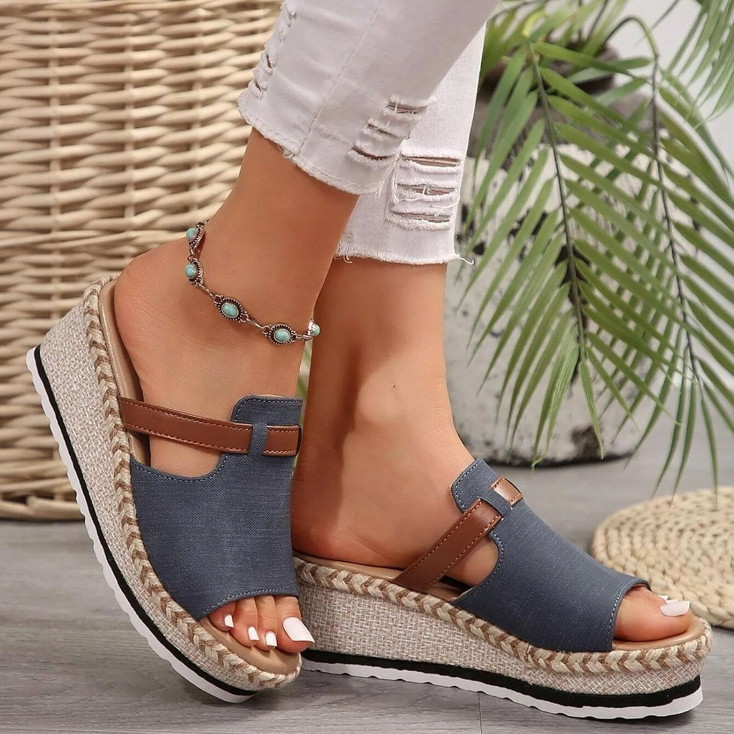 Orthopedic Sandals for Women, Platform Espadrilles Wedge Mid Heel Sandals Open Toe Summer Dressy Sandals Slip On Casual Summer Slide Shoes Women Dress Sexy Summer Comfort Party Shoes