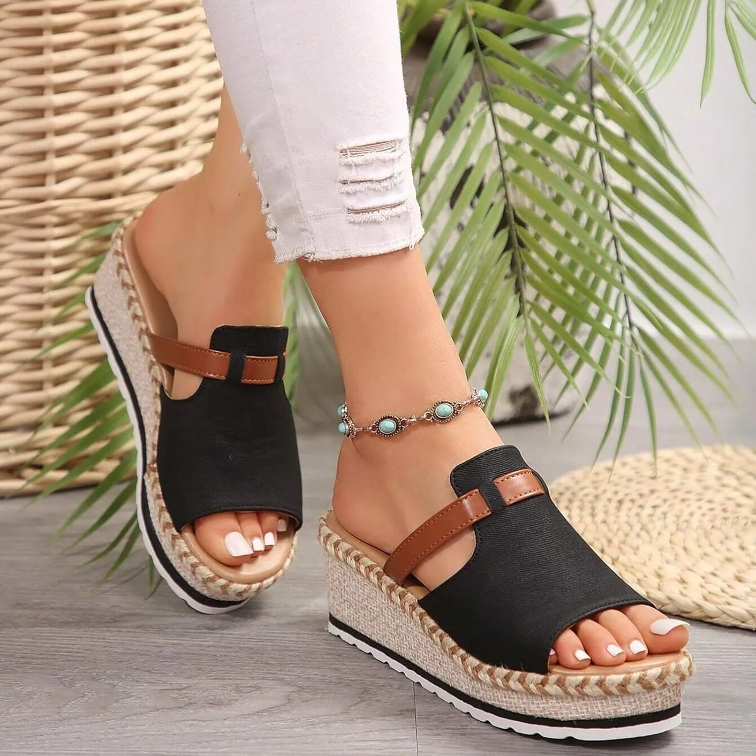 Orthopedic Sandals for Women, Platform Espadrilles Wedge Mid Heel Sandals Open Toe Summer Dressy Sandals Slip On Casual Summer Slide Shoes Women Dress Sexy Summer Comfort Party Shoes