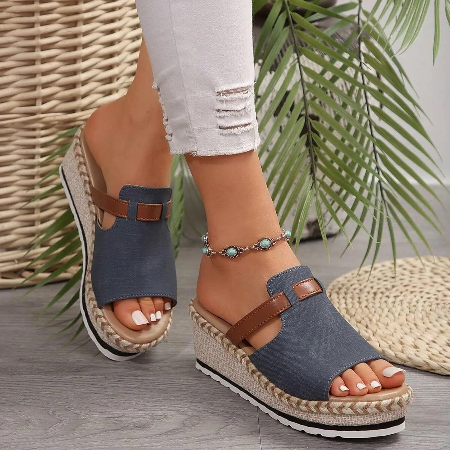Orthopedic Sandals for Women, Platform Espadrilles Wedge Mid Heel Sandals Open Toe Summer Dressy Sandals Slip On Casual Summer Slide Shoes Women Dress Sexy Summer Comfort Party Shoes