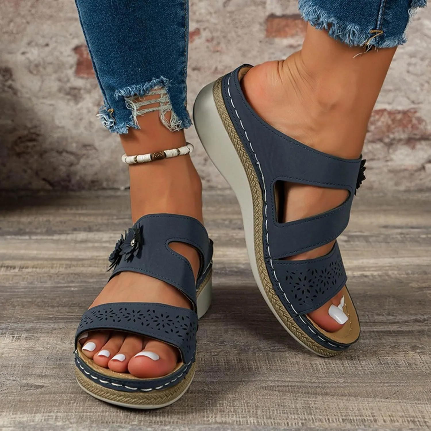 Orthowalkway Orthopedic Wedge Sandals for Women Casual Strappy Wide Width Slide Sandals Slip On Walking Beach Shoes