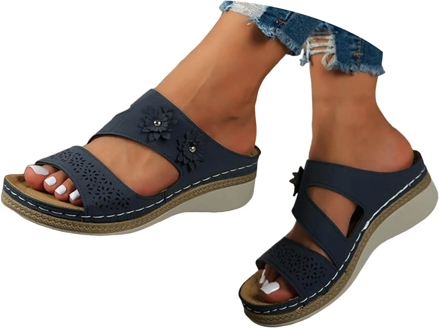 Orthowalkway Orthopedic Wedge Sandals for Women Casual Strappy Wide Width Slide Sandals Slip On Walking Beach Shoes