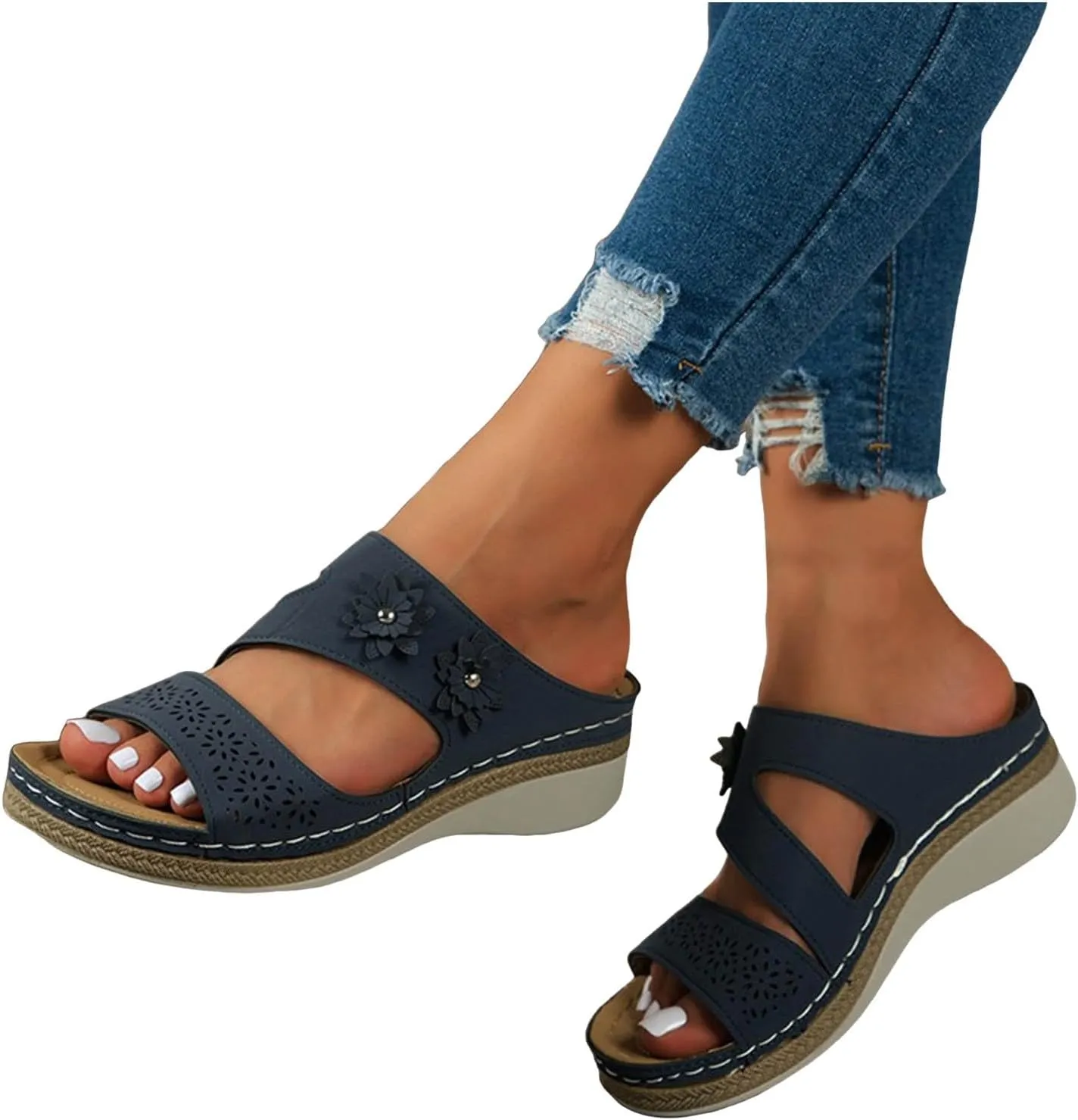 Orthowalkway Orthopedic Wedge Sandals for Women Casual Strappy Wide Width Slide Sandals Slip On Walking Beach Shoes