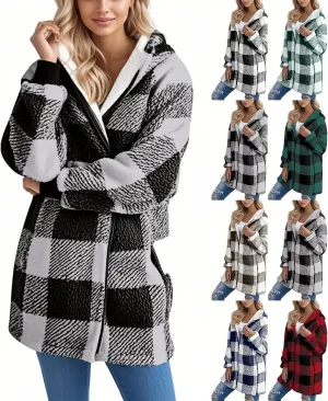 Oversized Sherpa Jacket Women Plus Size Plaid Fleece Full Zip Winter Coat Comfy Fuzzy Cardigan Sweater Hooded Outwear