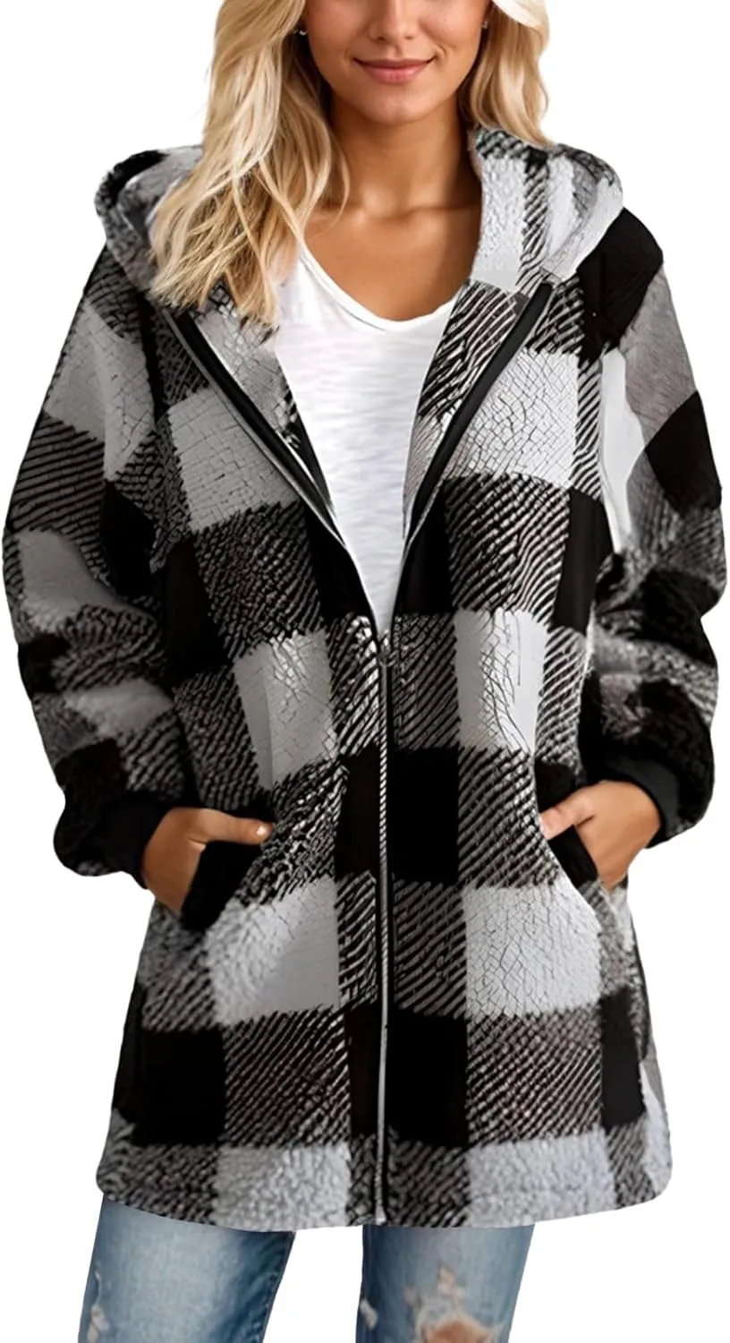 Oversized Sherpa Jacket Women Plus Size Plaid Fleece Full Zip Winter Coat Comfy Fuzzy Cardigan Sweater Hooded Outwear