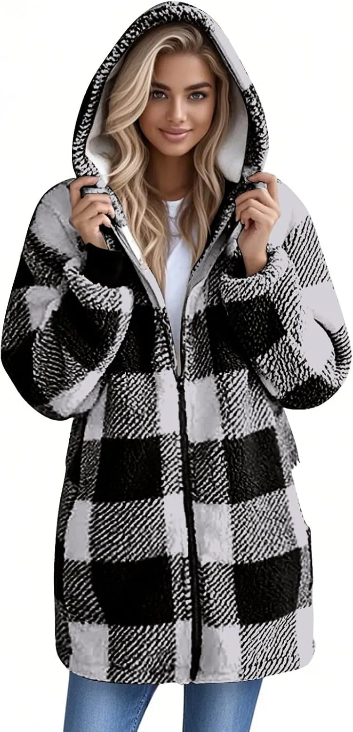 Oversized Sherpa Jacket Women Plus Size Plaid Fleece Full Zip Winter Coat Comfy Fuzzy Cardigan Sweater Hooded Outwear