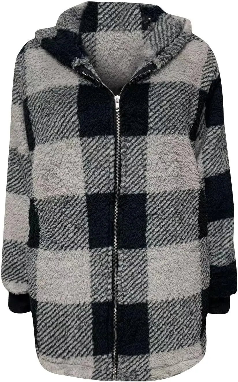 Oversized Sherpa Jacket Women Plus Size Plaid Fleece Full Zip Winter Coat Comfy Fuzzy Cardigan Sweater Hooded Outwear