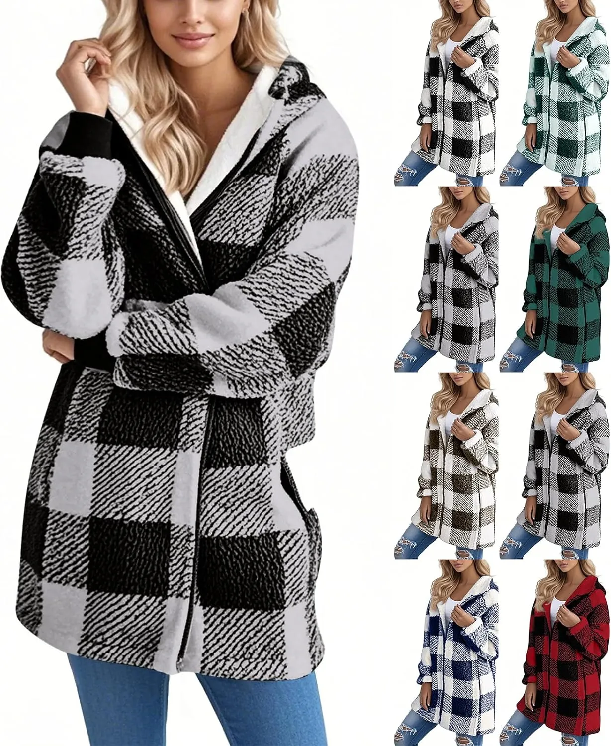 Oversized Sherpa Jacket Women Plus Size Plaid Fleece Full Zip Winter Coat Comfy Fuzzy Cardigan Sweater Hooded Outwear