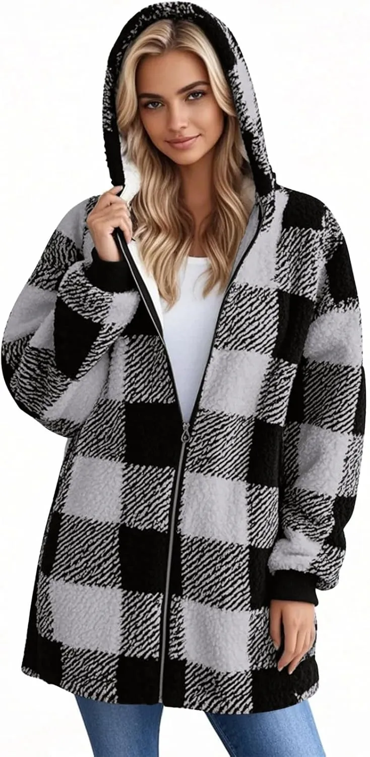 Oversized Sherpa Jacket Women Plus Size Plaid Fleece Full Zip Winter Coat Comfy Fuzzy Cardigan Sweater Hooded Outwear