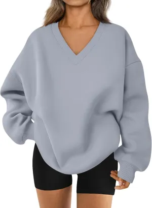 Oversized Sweatshirt For Women Plus Size V Neck Long Sleeve Drop Shoulder Pullover Hoodies Trendy Winter Clothes